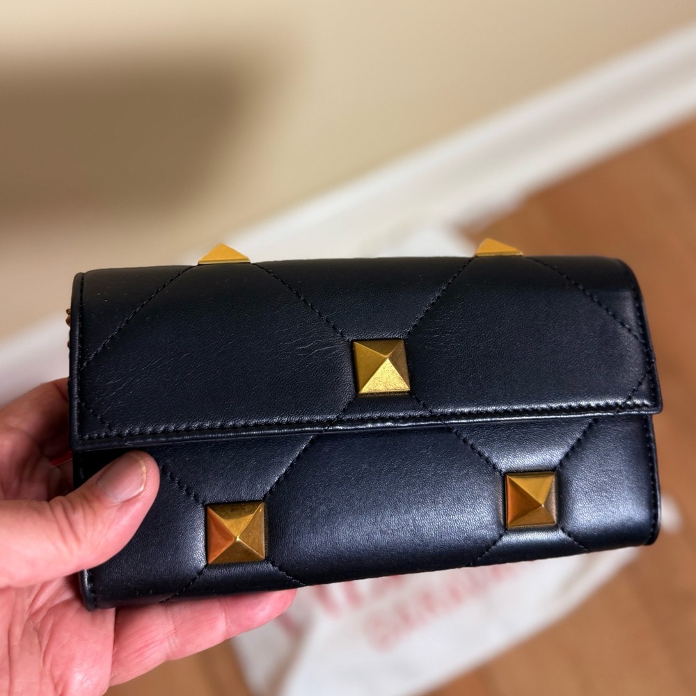 Valentino Gold Studded Wallet on chain Bag / Clutch with Removable chain Black